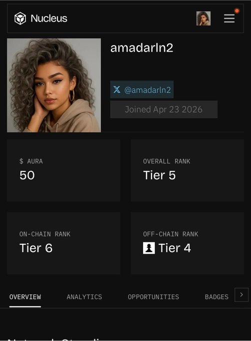 A user profile on Nucleus shows "amadarln2" with 50 $AURA tokens, an Overall Rank of Tier 5, On-Chain Rank of Tier 6, and Off-Chain Rank of Tier 4, joined Apr 23 2026. The screenshot illustrates the user's surprise at discovering 50 $AURA sitting in their account from prior platform interactions.