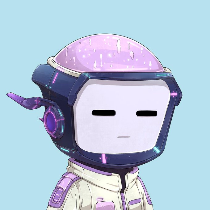 An illustration of a cute cartoon astronaut character with a purple dome helmet and dark blue visor, wearing a white spacesuit with purple accents.