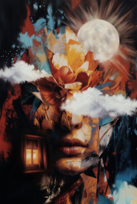A surreal digital artwork featuring a fragmented human face composed of geometric shapes and a vibrant orange flower, with a full moon, fluffy clouds, and a window with warm light emerging from the composition against a dark cosmic background.