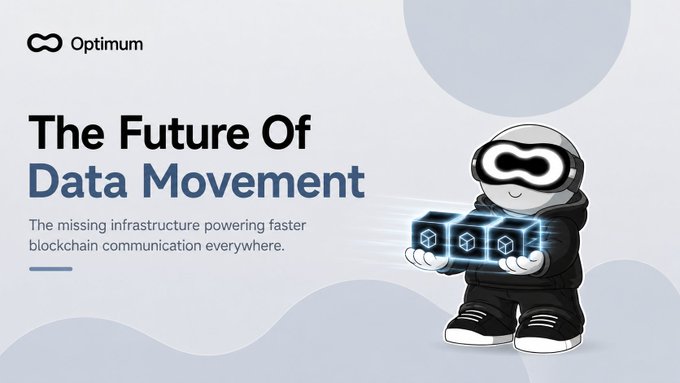 An advertisement for 'Optimum' with the tagline 'The Future Of Data Movement: The missing infrastructure powering faster blockchain communication everywhere,' featuring a robot mascot holding glowing blockchain cubes.