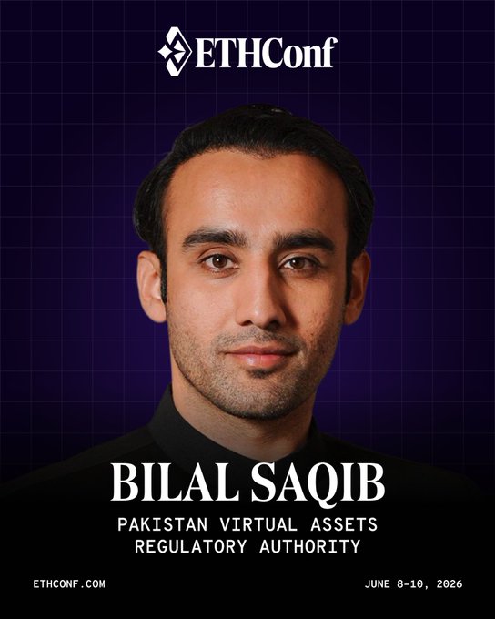 The image features a man with short hair wearing a black shirt against a purple background. The caption below his photo reads "NEW ETHConf speaker announced: @Bilalbinsaqib , Chairman of PakistanVARA MBE, Forbes Asia 9-9, June-July 2018". This suggests that the poster is promoting an upcoming event where the speaker will be discussing virtual assets and their regulation in Pakistan.
