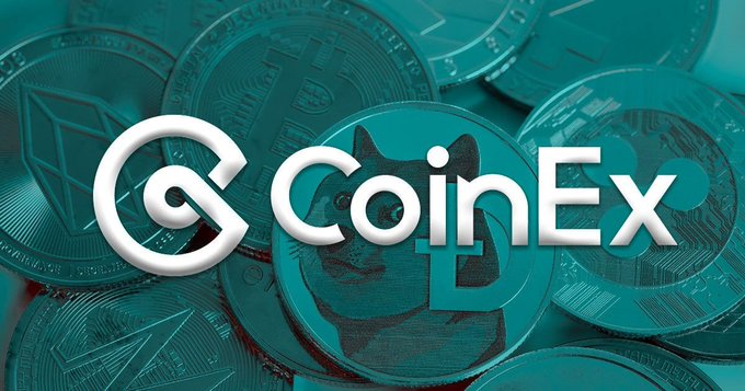 Promotional image for CoinEx cryptocurrency exchange, showing the white CoinEx logo over a teal background filled with various crypto coins.