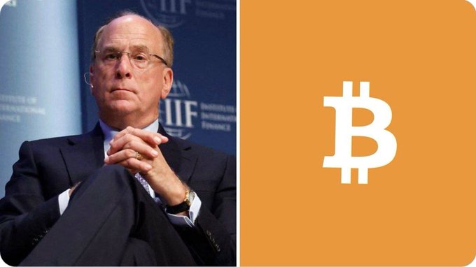 A split image showing a serious-looking man in a suit (resembling BlackRock CEO Larry Fink) seated at what appears to be an Institute of International Finance (IIF) event on the left, alongside the Bitcoin (₿) logo on an orange background on the right, visually representing BlackRock's significant $265.2 million sale of BTC.
