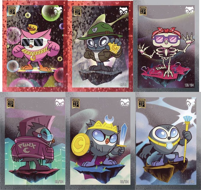 Six trading cards featuring cartoon owl characters in various outfits, including one in a pink tracksuit with a gold chain, one in a green hat, and others holding items like shields and swords.