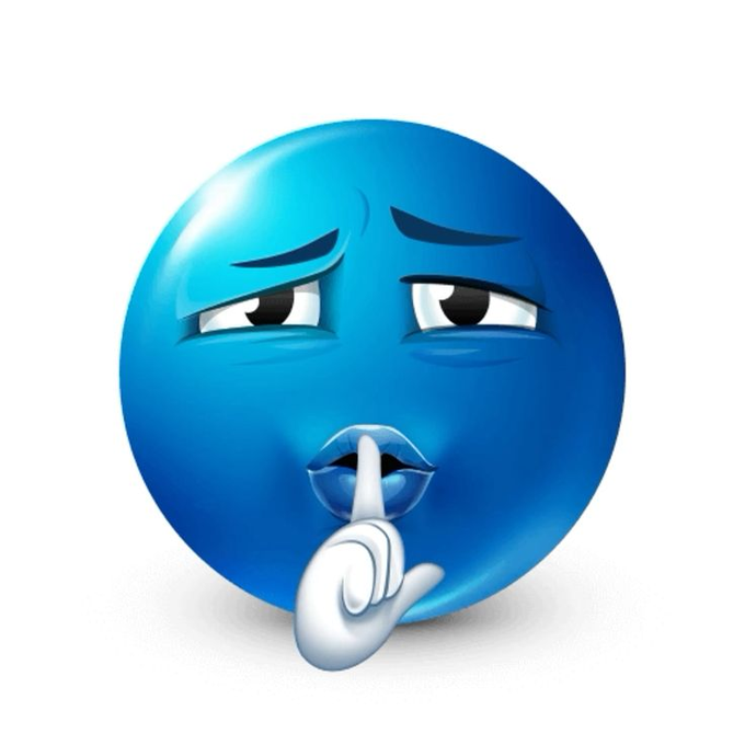 A glossy blue emoji-like sphere with sad eyes holds a cartoon finger to its lips in a "shushing" gesture.