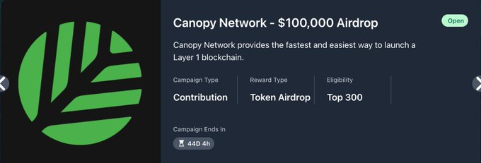 A promotional graphic for the 'Canopy Network - $100,000 Airdrop' campaign, a Contribution-type token airdrop with Top 300 eligibility, ending in 44 days (44h shown).