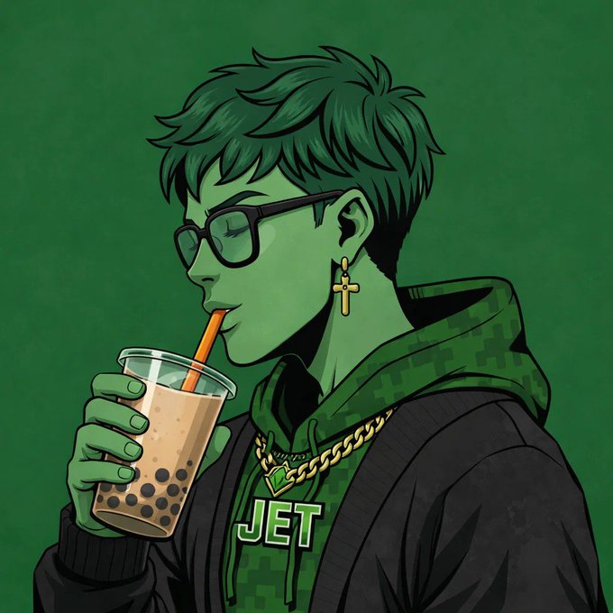 An anime-style illustration of a green-skinned character with glasses and a cross earring, drinking bubble tea and wearing a green hoodie with 'JET' and a gold chain.