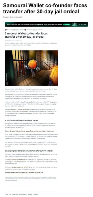 A CoinTelegraph news article headlined 'Samourai Wallet co-founder faces transfer after 30-day jail ordeal' about federal prosecutors seeking to move the case to a different jurisdiction.