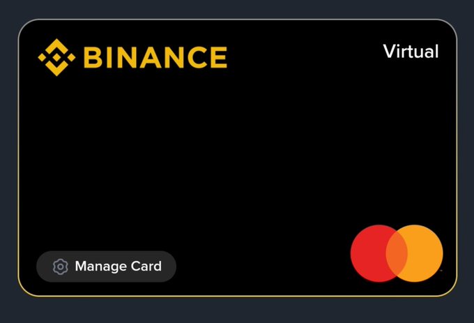 A digital rendering of a black Binance Virtual Card with the Binance logo and a Mastercard logo is shown. This image relates to the post by displaying the newly acquired virtual card that enables cryptocurrency-based spending across multiple countries.