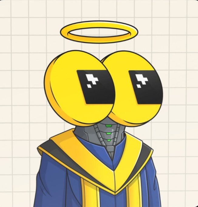 A cartoon-style character wearing a blue and yellow robe with a halo, featuring large yellow spherical eyes with pixelated black and white designs resembling sunglasses.