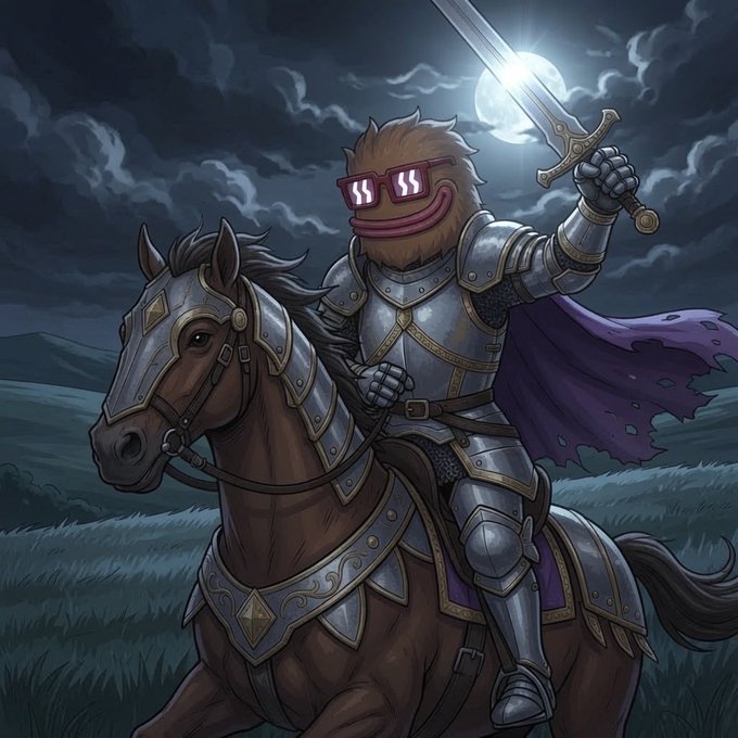 A whimsical illustration of a knight in shining armor wearing sunglasses and a purple cape, riding an armored horse while holding up a sword against a moonlit cloudy sky.