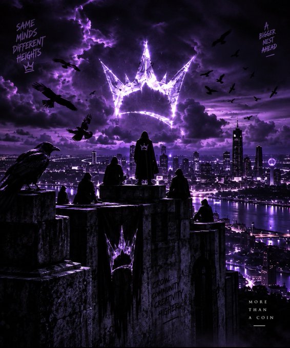 A purple-tinted dark fantasy illustration shows hooded figures overlooking a city with a glowing crown in the sky and crows, with text reading 'SAME MINDS DIFFERENT HEIGHTS', 'A BIGGER NEST HEAD', and 'MORE THAN A COIN'.