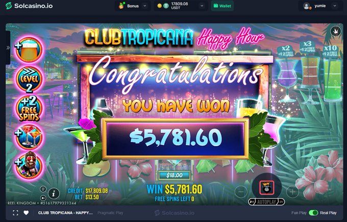 The image is of a game screen for Club Tropicana, and there is text that reads "Congratulations you have won $57.81!". The background of the image features a tropical atmosphere with palm trees and other elements typical of such locations. Additionally, there are several images depicting tropical cocktails on the screen. In this particular post, the user has made a successful bet against the casino by winning money from the game.