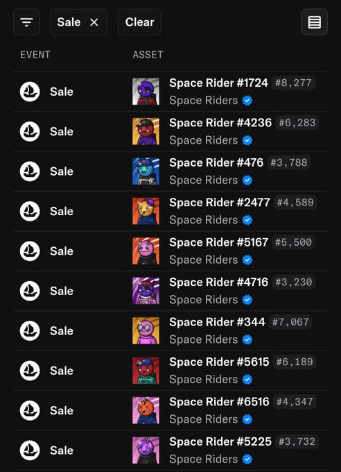 A list of NFT sale events for various Space Riders #XXXX tokens on a blockchain marketplace.