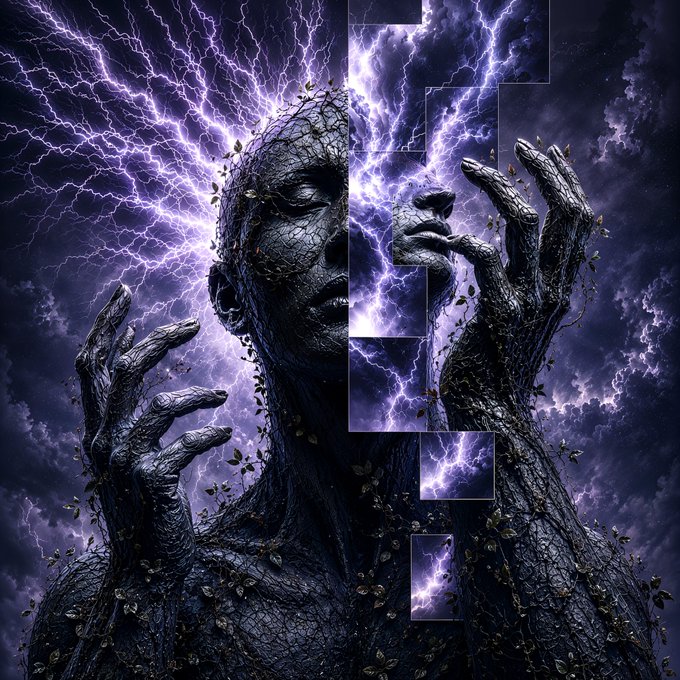 A dark, dramatic digital artwork depicting a stone-textured humanoid figure with hands raised, surrounded by purple lightning bolts and fragmented geometric shapes.