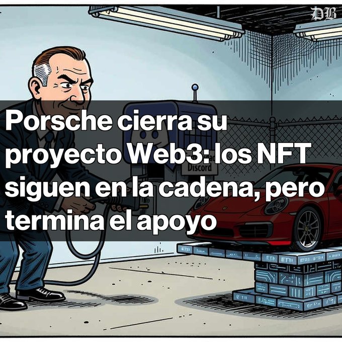 A cartoon-style illustration of a suited man at a gas pump with a red Porsche on a platform made of ETH blockchain blocks, overlaid with Spanish text: 'Porsche cierra su proyecto Web3: los NFT siguen en la cadena, pero termina el apoyo'.