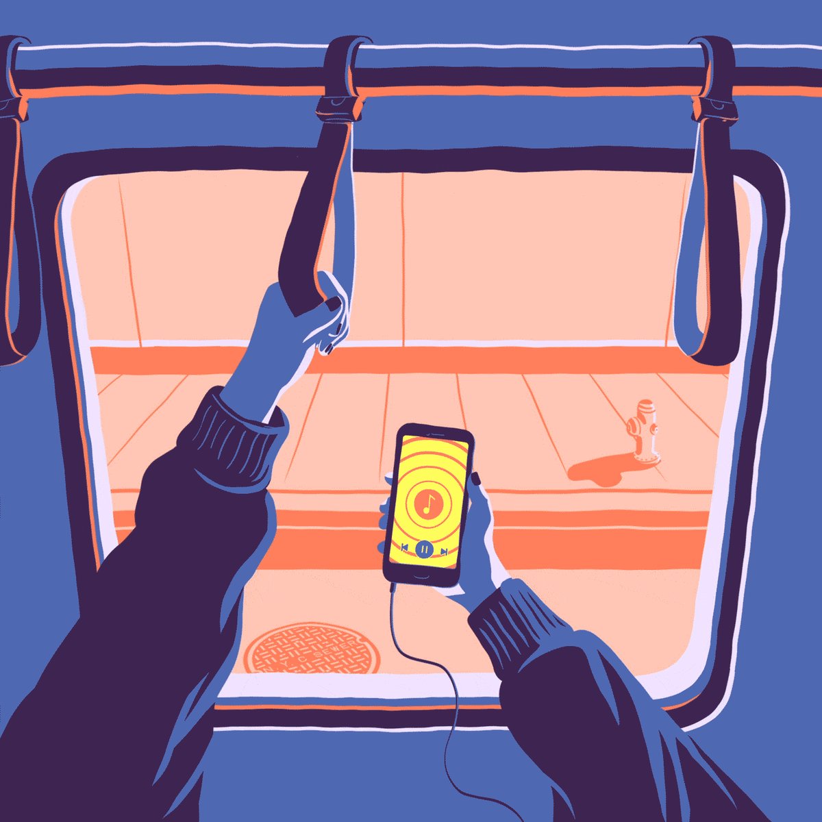 In the image, a person's hands are holding a cell phone that has a yellow screen displaying an orange circle. The person appears to be looking out of a window or at their phone while wearing a sweater. There is also a fire hydrant visible outside the window. The surrounding area seems to be a public space where people can sit and relax, possibly waiting for someone or simply enjoying some alone time with their phone.