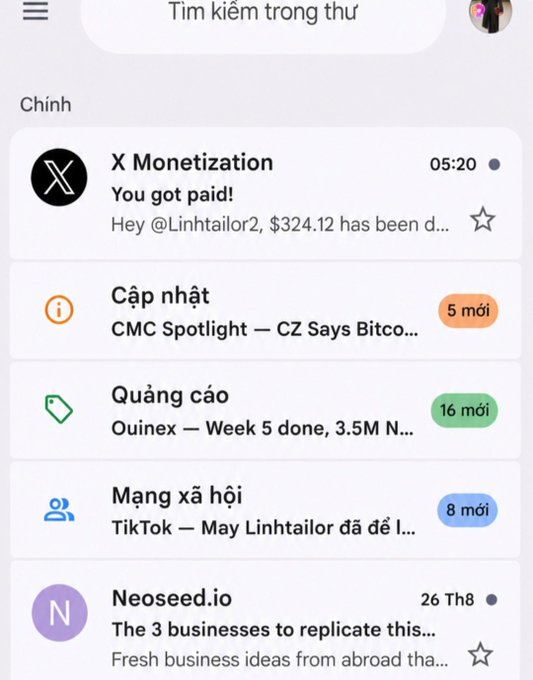 A Vietnamese-language email inbox showing notifications including X Monetization payment of $324.12 to @Linhtailor2, updates from CMC Spotlight, Quinex ads, TikTok social alerts, and Neoseed.io newsletter.