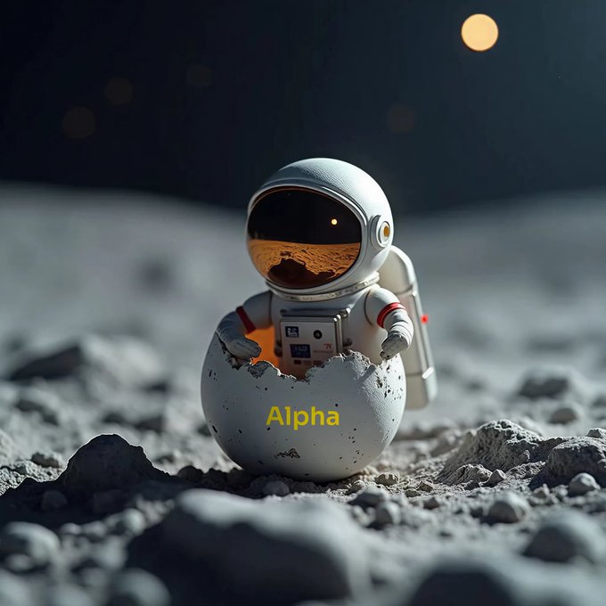 A 3D-rendered image of a small white astronaut hatching from an egg on a rocky, moon-like surface, with a planet visible in the dark sky and the word 'Alpha' in yellow text on the egg.