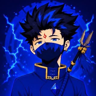 An anime-style illustration of a character with spiky black hair, a red mark on his forehead, and a blue face mask, holding a shuriken against a blue background with lightning.