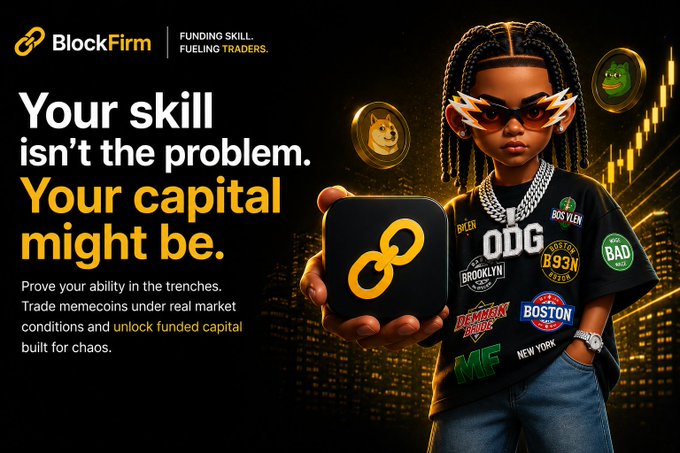 An advertisement for 'BlockFirm' featuring the tagline 'Funding skill. Fueling traders' and 'Your skill isn't the problem. Your capital might be,' showing a stylized 3D character wearing sunglasses and an 'ODG' jersey holding the BlockFirm logo.