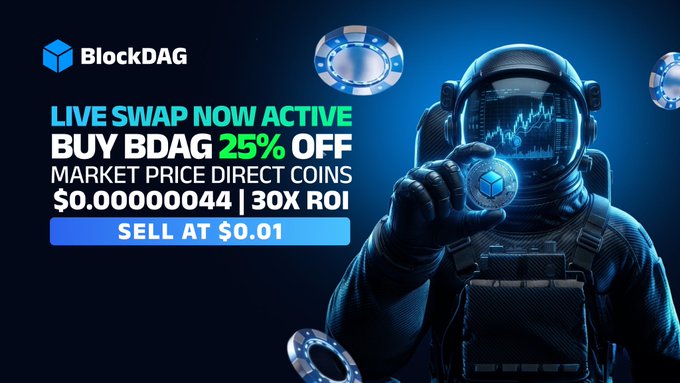 The image features a man dressed as an astronaut, holding up something that looks like a key or a coin. The background of the image has a blue color with some white text. In this image, there are three blue spheres positioned around the man's head, and four black circles scattered throughout the scene. Above these objects, there is text in both English and another language that reads "LIVE SWAP NOW ACTIVE: BUY BDAG 25% OFF MARKET PRICE Direct Coins - $0.00000044 - 30X ROI". The content of this post suggests an interesting marketing strategy or promotional offer related to Bitcoins (BTC) which is aimed at attracting investors and encouraging them to participate in the cryptocurrency market by purchasing Bitcoins through a specific trading platform called BlockDag.