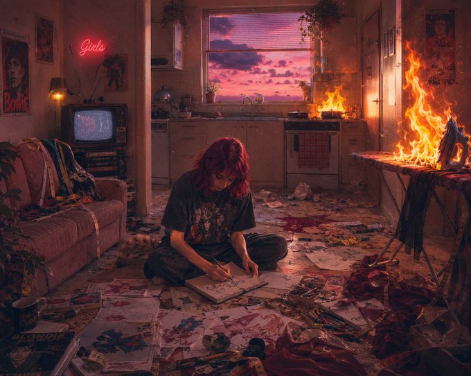 A moody, atmospheric digital artwork depicting a person with red hair sitting on the floor of a messy room drawing in a notebook, surrounded by scattered papers, with a fire burning on a table and a pink sunset visible through the window, featuring a "Girls" neon sign and a Bowie poster on the wall.