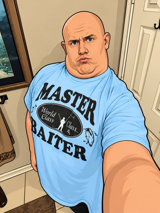 A cartoon-style illustration of a bald, heavyset man with a stern expression wearing a light blue t-shirt that reads 'MASTER BAITER' with 'World Class' and a small figure on it, taking a selfie in what appears to be a hallway.
