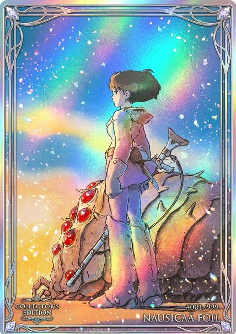 The image features a girl standing next to a dragon, with a rainbow-colored sky behind them. The girl appears to be holding a sword as she looks up at the dragon. The background of the image has a metallic sheen that gives it an artistic touch. The post includes information about the NFT collector edition and the artist's signature on the bottom right corner.