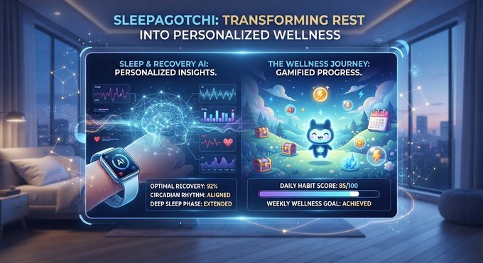 Promotional graphic for Sleepagotchi showcasing 'Transforming Rest Into Personalized Wellness' with sleep tracking data, recovery metrics, and a wellness journey gamified progress display.