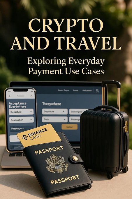 A promotional graphic titled "CRYPTO AND TRAVEL: Exploring Everyday Payment Use Cases" displays a laptop showing a travel booking interface alongside a smartphone, a black suitcase, a U.S. passport, and a Binance Card, visually illustrating how cryptocurrency can be integrated into common travel-related purchases like bookings and everyday expenses.