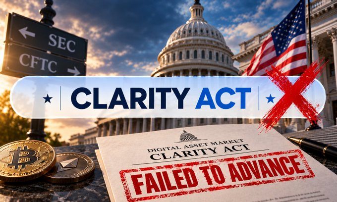 A news graphic showing the US Capitol building with signs for SEC and CFTC, Bitcoin and Ethereum coins, and a document labeled "Digital Asset Market Clarity Act" stamped "FAILED TO ADVANCE" in red with a large red X.
