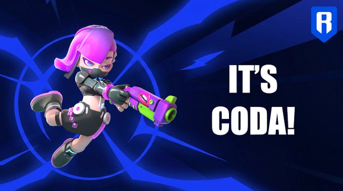A stylized character with pink and purple hair and futuristic black-and-purple attire leaps through the air wielding a colorful neon pink, green, and purple blaster, accompanied by bold text reading "IT'S CODA!" against a dark blue background with sharp geometric accents.