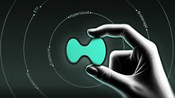 A hand reaching toward the Hyperliquid cryptocurrency logo, surrounded by concentric circles displaying names of exchanges like Binance, OKX, Bybit, Gate.io, and dYdX.