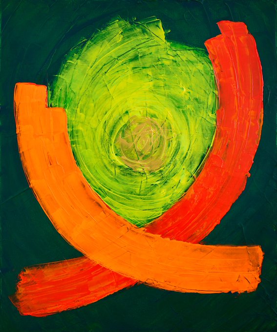 A vibrant abstract painting featuring swirling green circular patterns in the center, framed by bold orange and red brushstrokes against a dark green background.