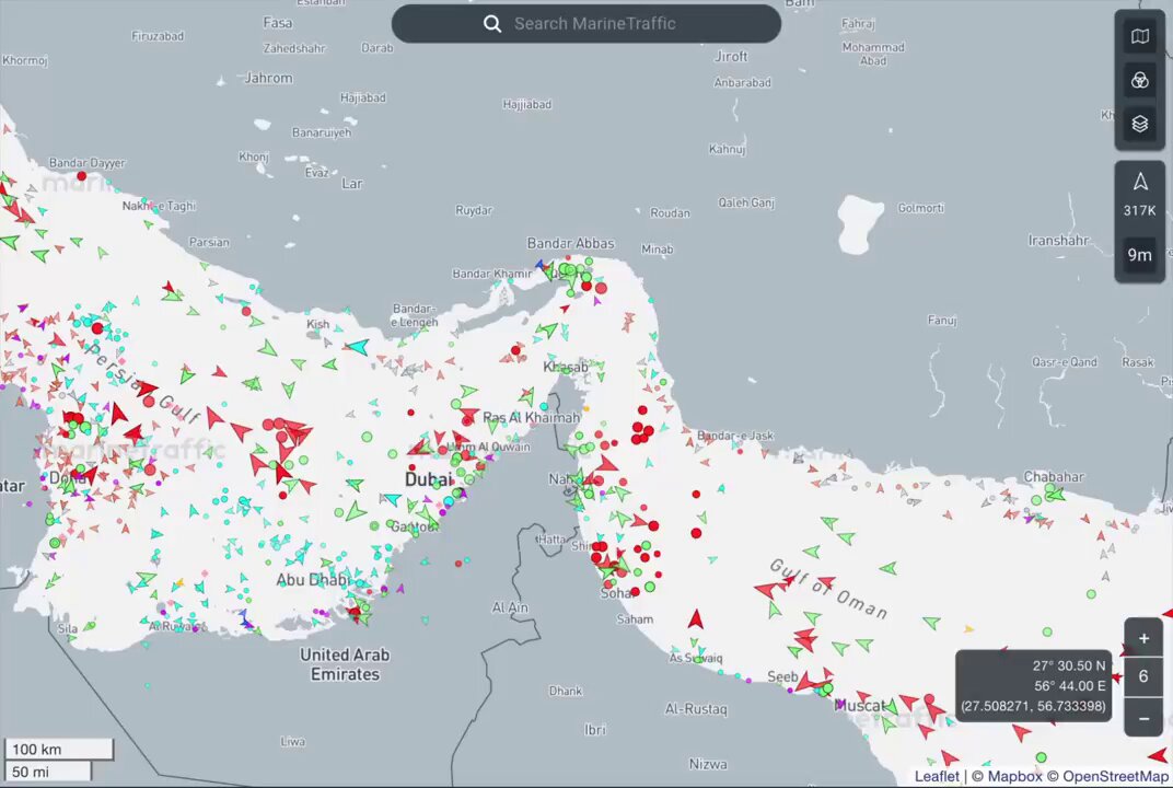 The image shows a map with various colored markers representing different shipping lanes around the Strait of Hormuz, a historically significant location for global oil trade. The strait itself has been a key transportation route between Asia and Europe for over 300 years but is currently experiencing heightened levels of shipping traffic due to its strategic importance. Despite being closed off almost entirely by the Persian Gulf, the strait still allows around 70% of the world's oil and LNG to flow through it. There are currently 150 ships waiting outside the strait gates, contributing to tanker traffic that has already dropped over 70%. The image also contains a screenshot from a blog post which provides an explanation about why the Strait remains closed for nearly all of its shipping lanes at this time.