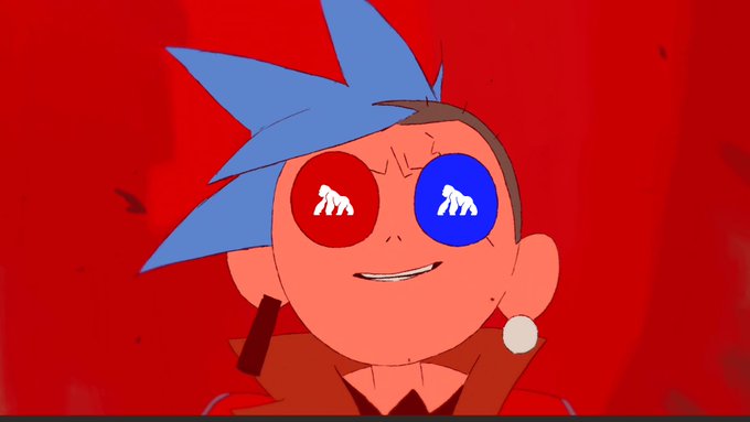 A 2D animated portrait of a character with spiky blue hair and heterochromia—one red eye with white claws, one blue eye with white claws—against a red background.