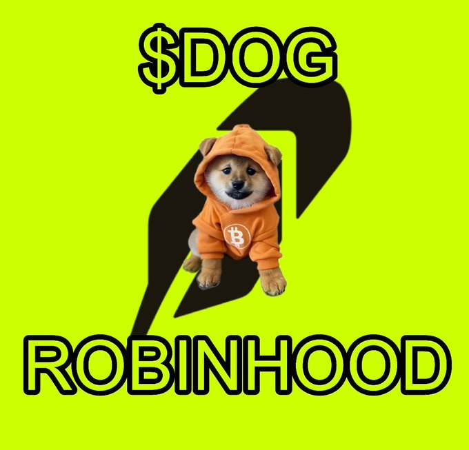 A meme image with a bright green background featuring a Shiba Inu puppy in an orange Bitcoin hoodie, with '$DOG' text above and 'ROBINHOOD' below.