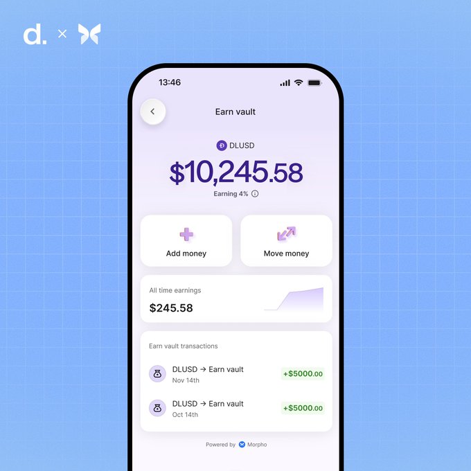 A smartphone displays the Deel app "Earn vault" screen showing a DLUSD balance of $10,245.58 earning 4%, with recent $5,000.00 transactions from DLUSD on Oct 14th and Nov 14th, "Powered by Morpho." This visual demonstrates Morpho's real-world application as the underlying infrastructure powering Deel's new Earn vault feature for users in Latin America, transforming Morpho from a lending protocol into an open credit network for cross-border payroll and yield products.