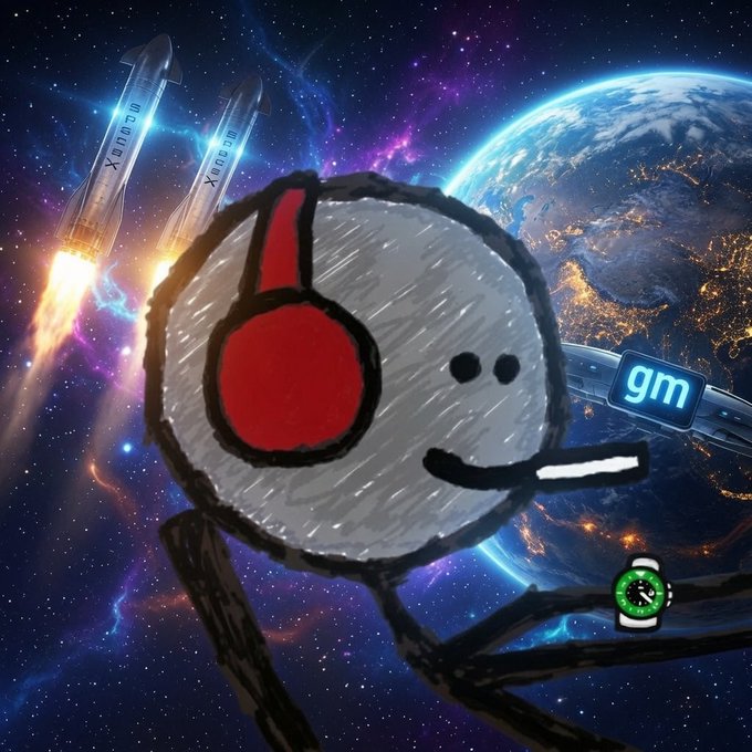 A cartoonish drawn character with a smiling face wears headphones in front of a space scene featuring rockets, Earth, and 'gm' text.