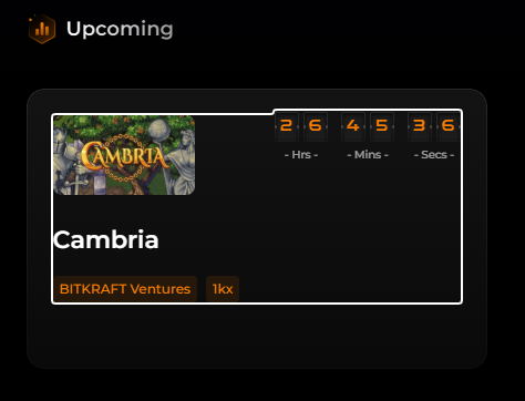 The graphic displays an “Upcoming” countdown for Cambria, a BITKRAFT Ventures token with a 1kx tag, showing 2 days, 6 hours, 4 minutes, 5 seconds, and 36 seconds remaining. This pre‑market preview aligns with the tweet noting the Cambria launch’s initial FDV of 60 M and emphasizing that no investment advice is given.