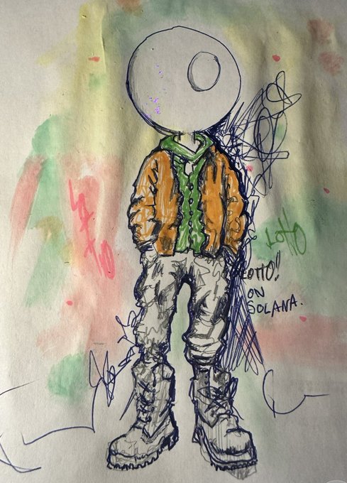A hand-drawn ink and watercolor sketch of a small character with a large round head, wearing an orange jacket, green shirt, and chunky boots, with the handwritten text 'LFG! DEPLOY ON SOLANA.'