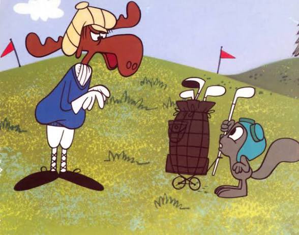 A cartoon scene featuring a moose in golf attire on a golf course speaking to a squirrel wearing a golf cap and holding a club next to a golf bag.