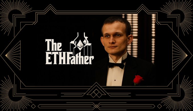 A man in a tuxedo with a red boutonniere appears in an Art Deco-style frame alongside the text 'The ETHfather' with a stylized graphic.
