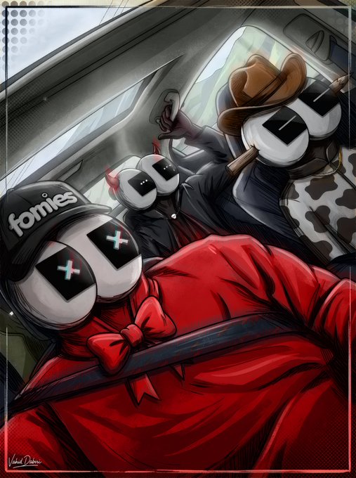 An illustration of three anthropomorphic camera-like figures with crossed-out eyes riding in a car, wearing a cap marked 'fomies'.