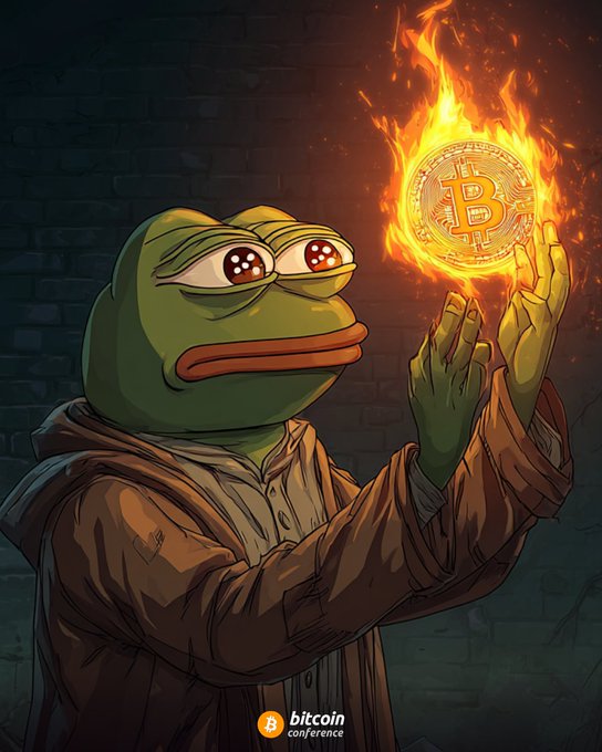 The image depicts a sad Pepe the Frog dressed in monk-like robes, gazing upward with sorrowful eyes at a glowing Bitcoin symbol surrounded by flames, with text at the bottom reading "bitcoin conference." The melancholic meme visually reinforces the post's message about the staggering $39.92 trillion US national debt ($115,879 per citizen), suggesting the despair of holding no Bitcoin while traditional fiat erodes.