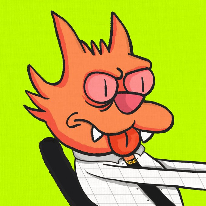 A cartoon illustration of an orange demonic character with spiky hair, large eyes, fangs, and a protruding tongue, wearing a plaid shirt and tie against a bright green background.
