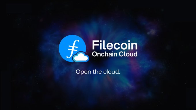 The image shows an advertisement of a new file currency called "filecoin". The central focus of the ad is a blue cloud logo situated above the word "open" with the phrase "the cloud" written below. Below this, there are five petabytes (GB) of data floating in space, which seems to be a massive amount that can be shared and transferred easily through the new file currency. The image also includes some text that reads: "Sharing a 5-petabyte dataset with a partner university in Europe triggers $450,000 in AWS egress fees, before a single computation runs. Filecoin is built for data that moves freely." This implies that the shared data will be safely stored and transferred using filecoin's cloud platform without incurring substantial costs or risks of losing important information.