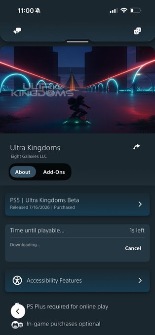A PlayStation app screenshot showing the game 'Ultra Kingdoms' by Eight Galaxies LLC downloading, with '1s left' remaining and a 'PS5 | Ultra Kingdoms Beta' entry dated 7/16/2026.