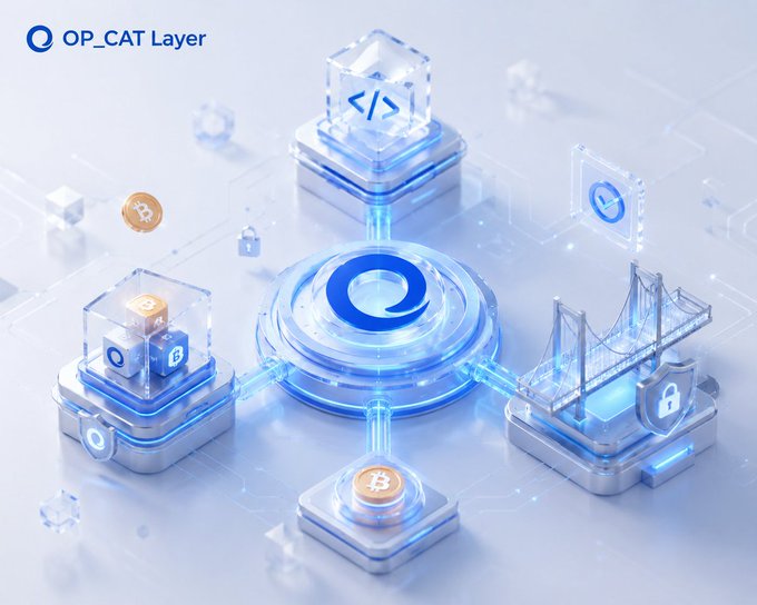 A futuristic 3D tech graphic labeled 'OP_CAT Layer' featuring interconnected platforms with cryptocurrency, coding, and security icons in a blue neon aesthetic.